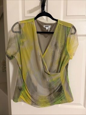 DKNY Yellow and Gray Sheer Wrap-Front Blouse